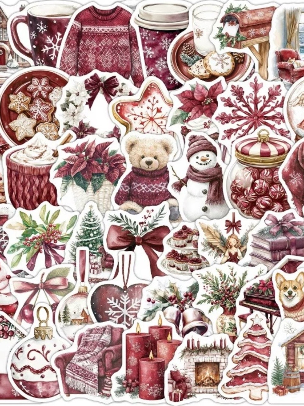 50 Burgundy Christmas Holiday Stickers Elegant Victorian Bear Bells Ornaments
